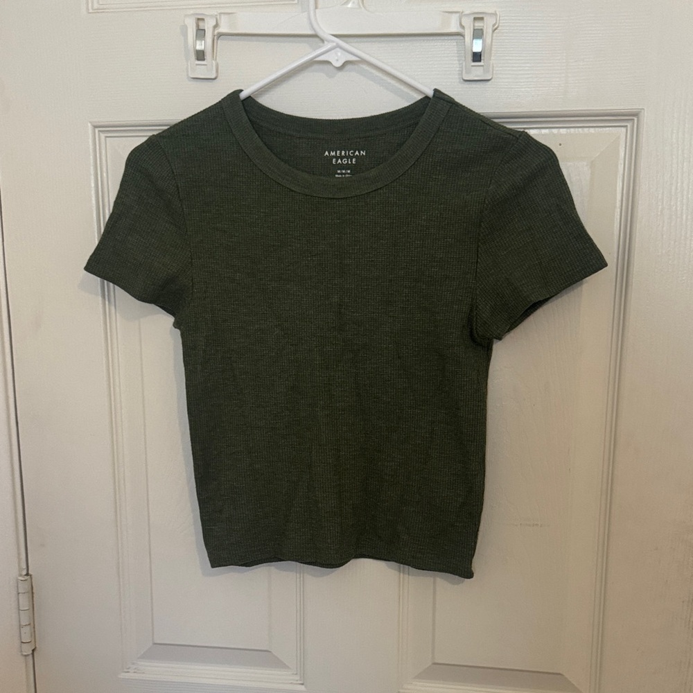 American Eagle Outfitters Olive Ribbed Short Sleeve Crew Tee